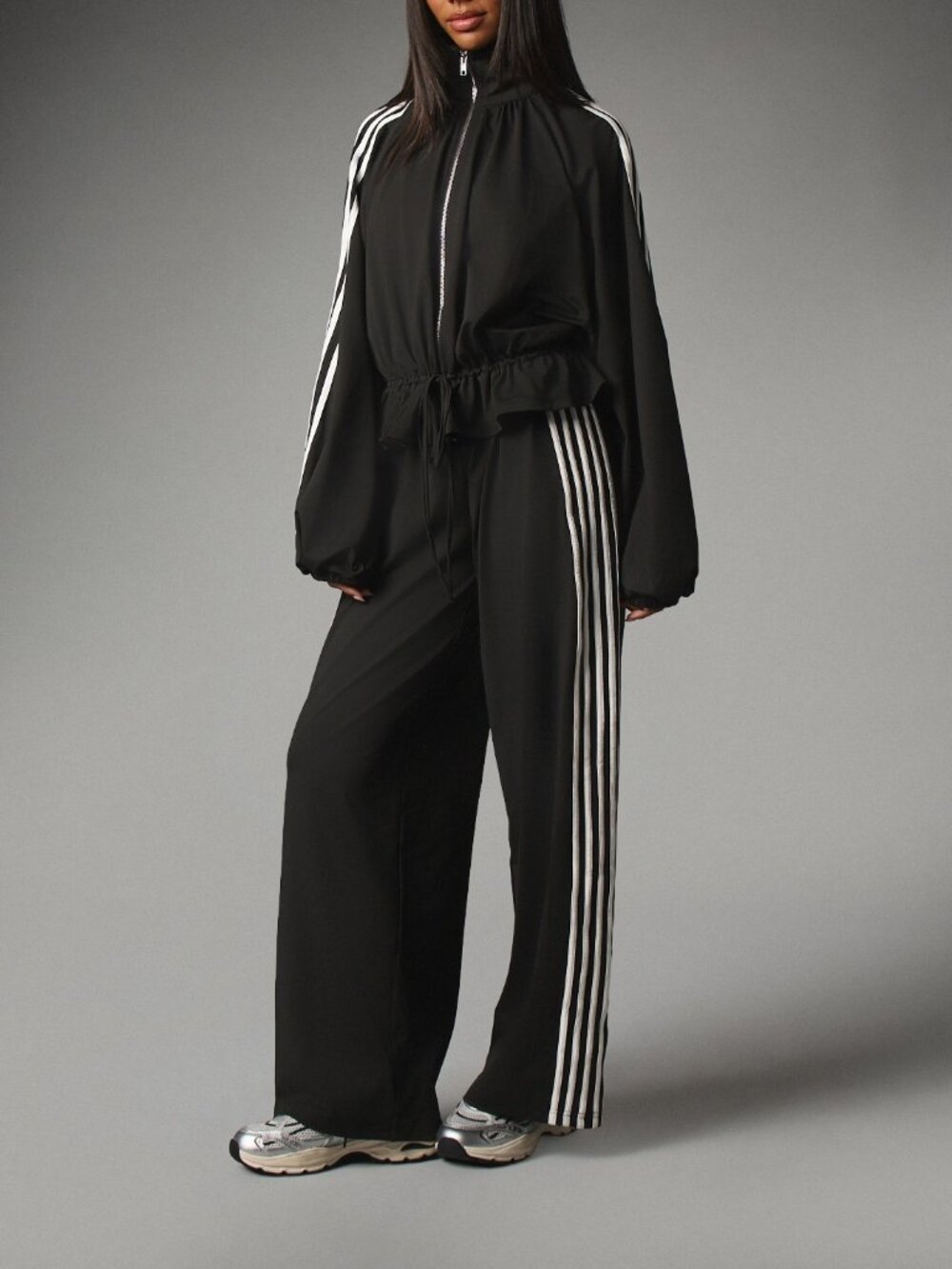 Black & White Sporty Women's Zip-Up Oversized Track Top & Wide Leg Pants